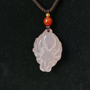 Hand-Carved Natural Pink Jade Nine-Tailed Fox Pendant Necklace Charm